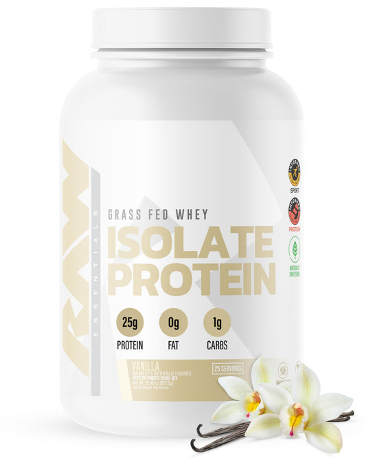 RAW Whey Isolate Vanilla powder tub shows protein-packed nutrition for workouts.