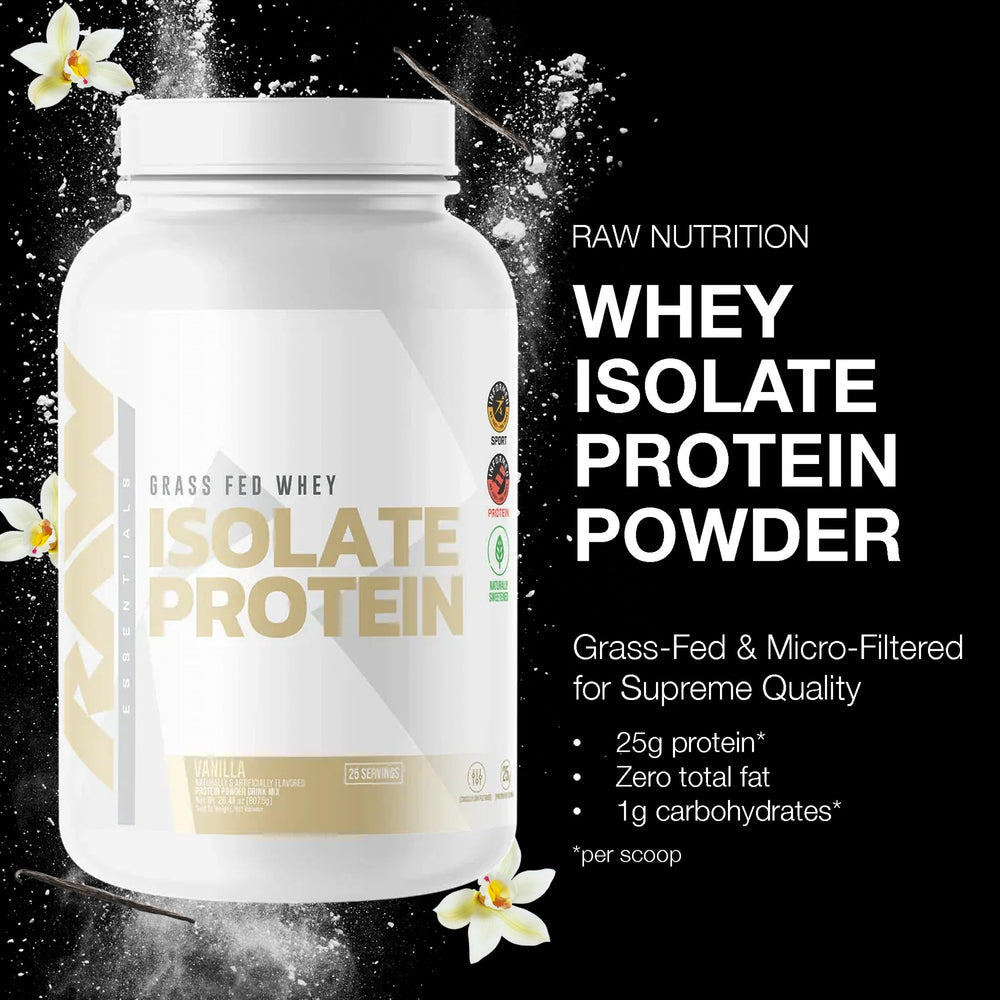 RAW Whey Isolate Vanilla scoop closeup highlights 25 g protein per serving.
