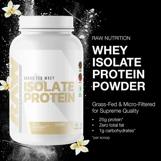 RAW Whey Isolate Vanilla scoop closeup highlights 25 g protein per serving.