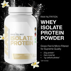 RAW Whey Isolate Vanilla scoop closeup highlights 25 g protein per serving.