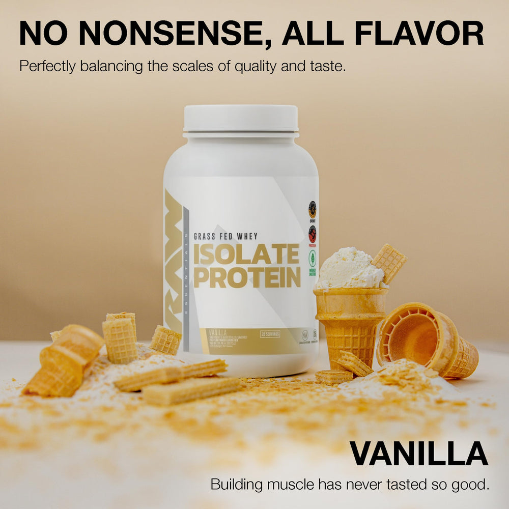 RAW Whey Isolate Vanilla shaker-mix demonstrates quick, lean recovery.