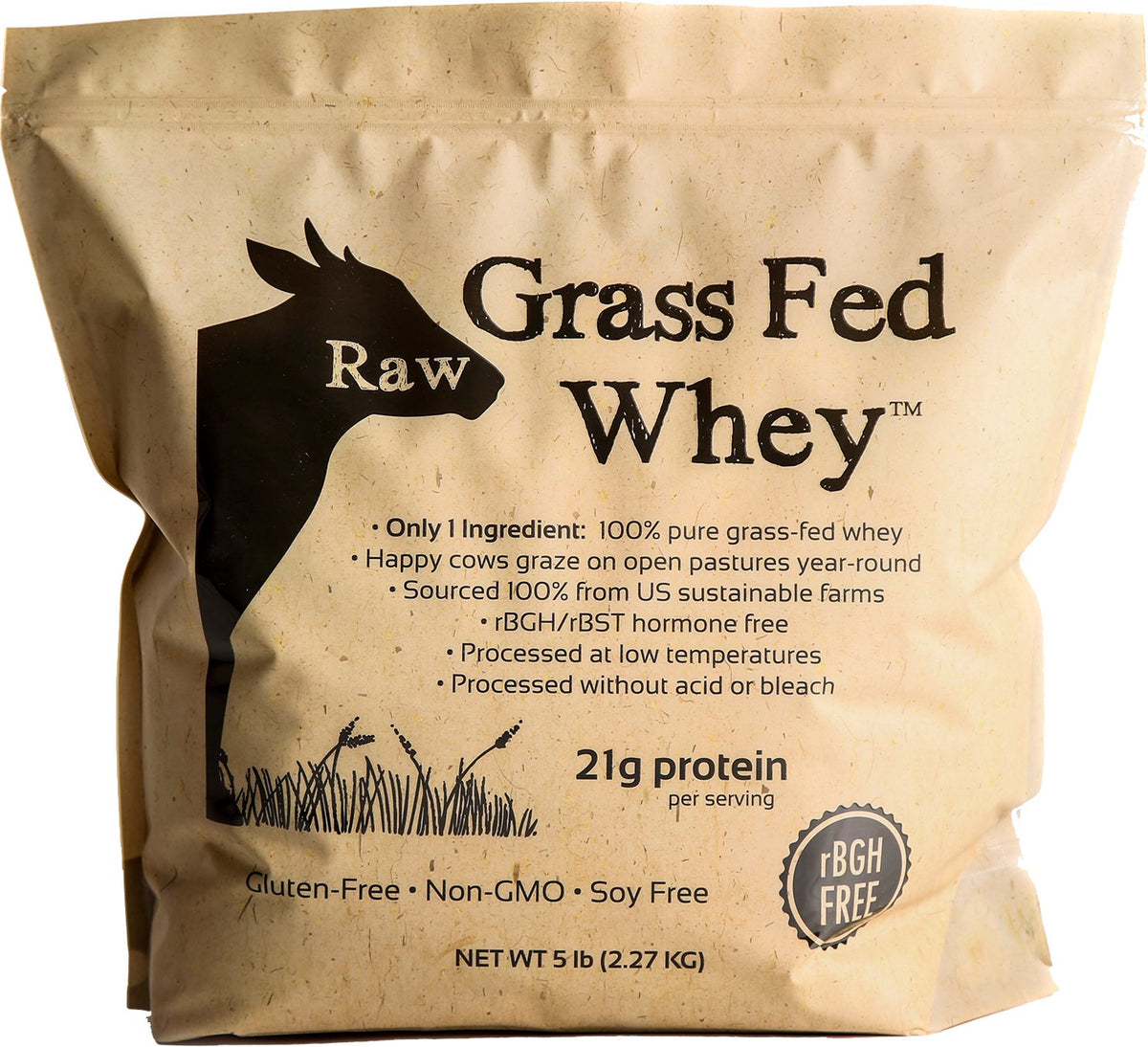 Raw Grass Fed Whey Protein bag front shows 1-ingredient formula for clean nutrition.