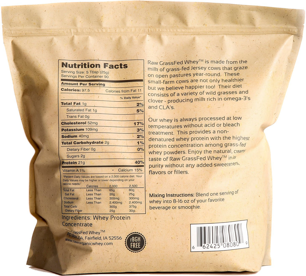 Raw Grass Fed Whey Protein ingredients close-up confirms no additives for transparency.