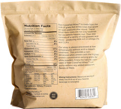 Raw Grass Fed Whey Protein ingredients close-up confirms no additives for transparency.