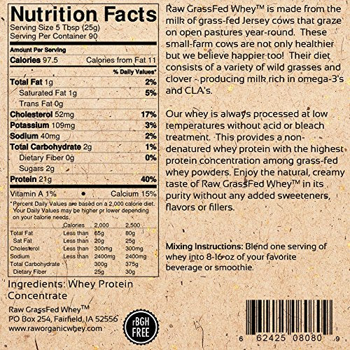 Raw Grass Fed Whey Protein scoop and bag demonstrate easy measuring and mixing.
