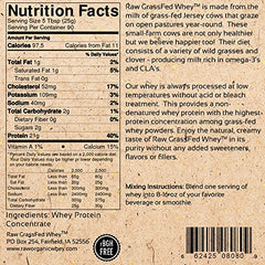 Raw Grass Fed Whey Protein scoop and bag demonstrate easy measuring and mixing.