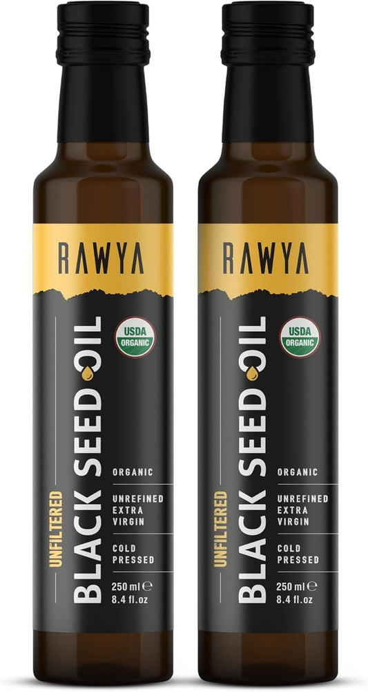 RAWYA black seed oil bottle showcases premium cold-pressed extract for daily wellness rituals.