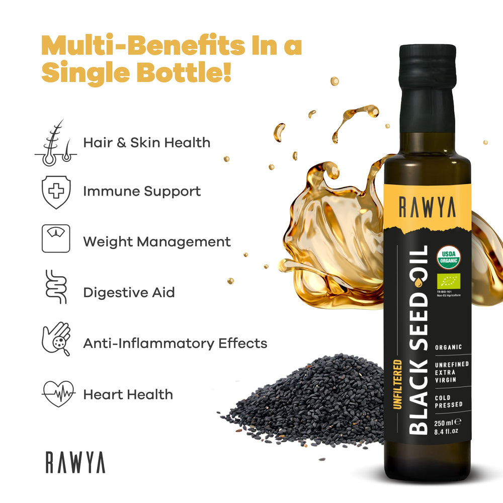 RAWYA Nigella sativa oil pack with unfiltered organic richness for skin and hair care.