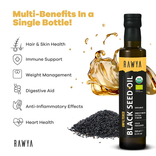 RAWYA Nigella sativa oil pack with unfiltered organic richness for skin and hair care.