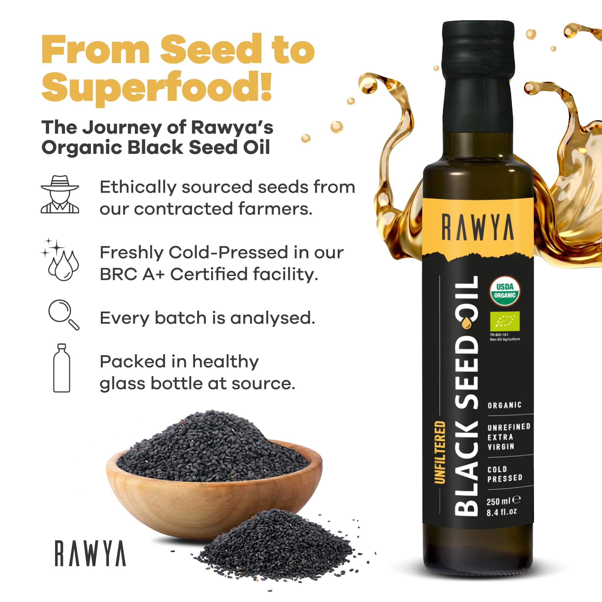 RAWYA organic cold-pressed oil emphasizing purity and nutrient retention for versatile use.