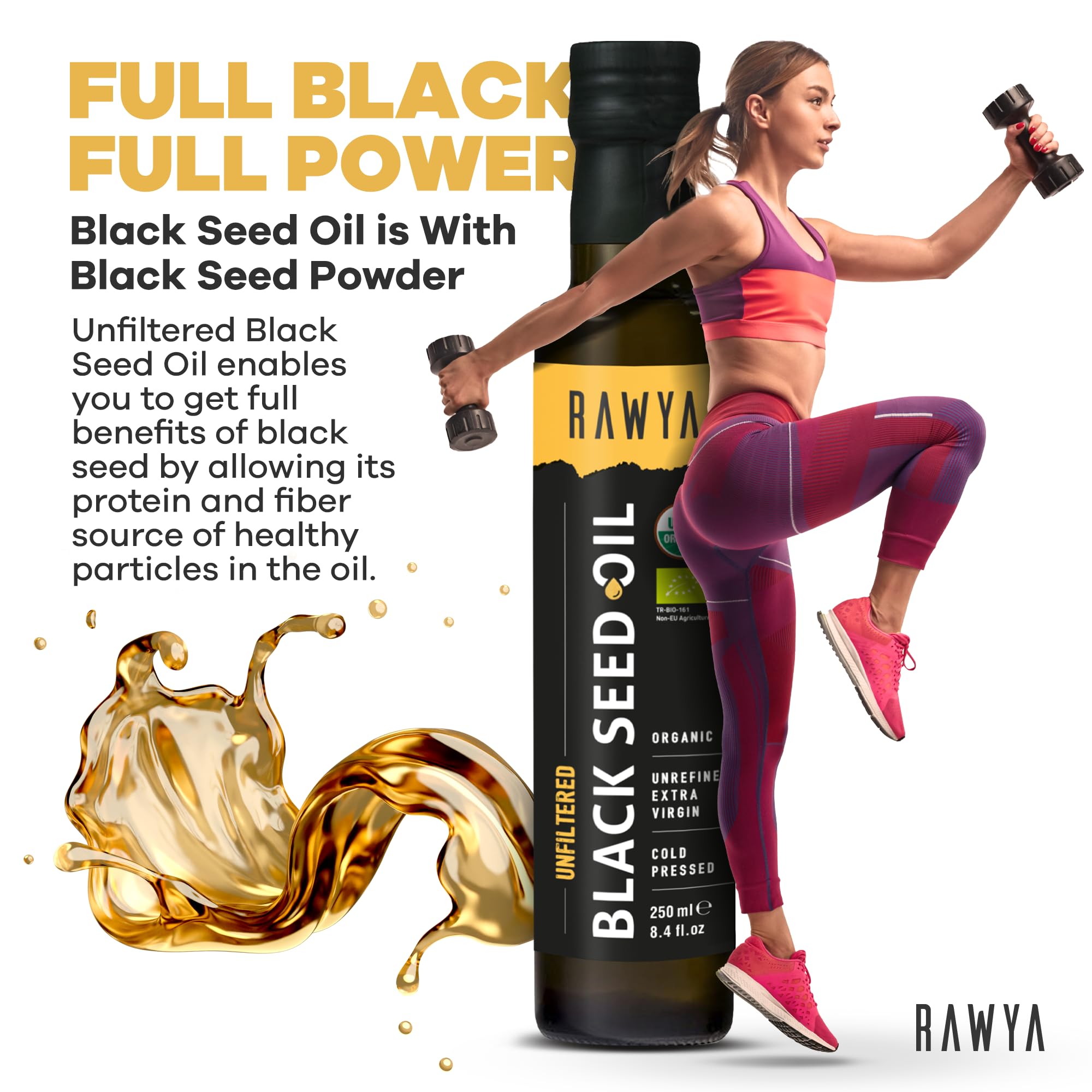 RAWYA unfiltered organic oil highlighting purity without additives for natural wellness.
