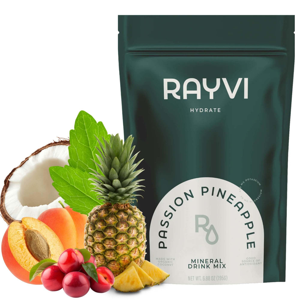 Rayvi Zero Sugar Electrolytes Powder bottle showing sugar-free hydration benefits