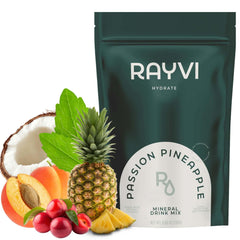Rayvi Zero Sugar Electrolytes Powder bottle showing sugar-free hydration benefits