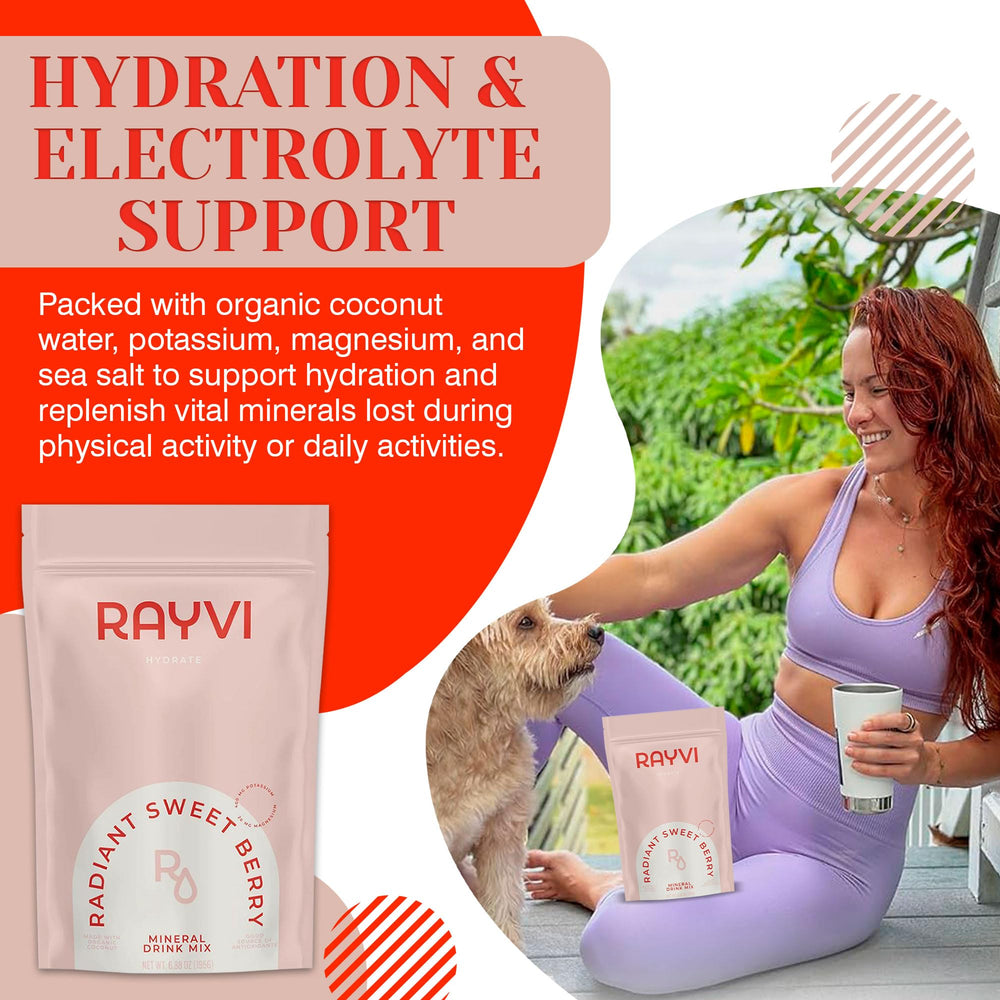 Rayvi Electrolytes ingredient panel highlights minerals like sodium, potassium, magnesium.