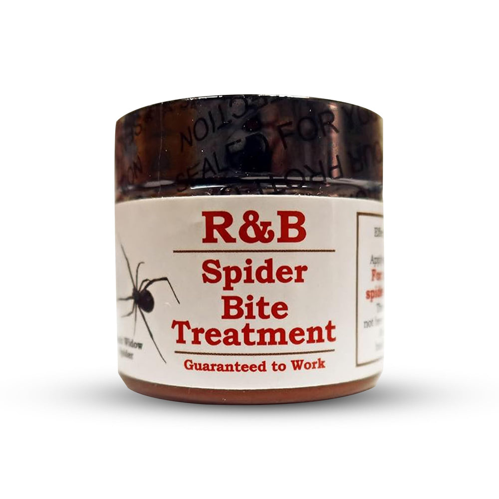 R&B Natural spider bite balm in amber jar ready for soothing relief.