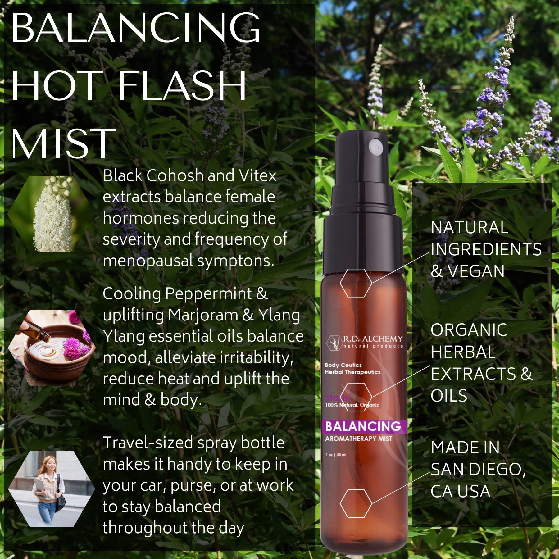 RD Alchemy Balancing Hot Flash Mist close-up label with herbal infusion for soothing mood