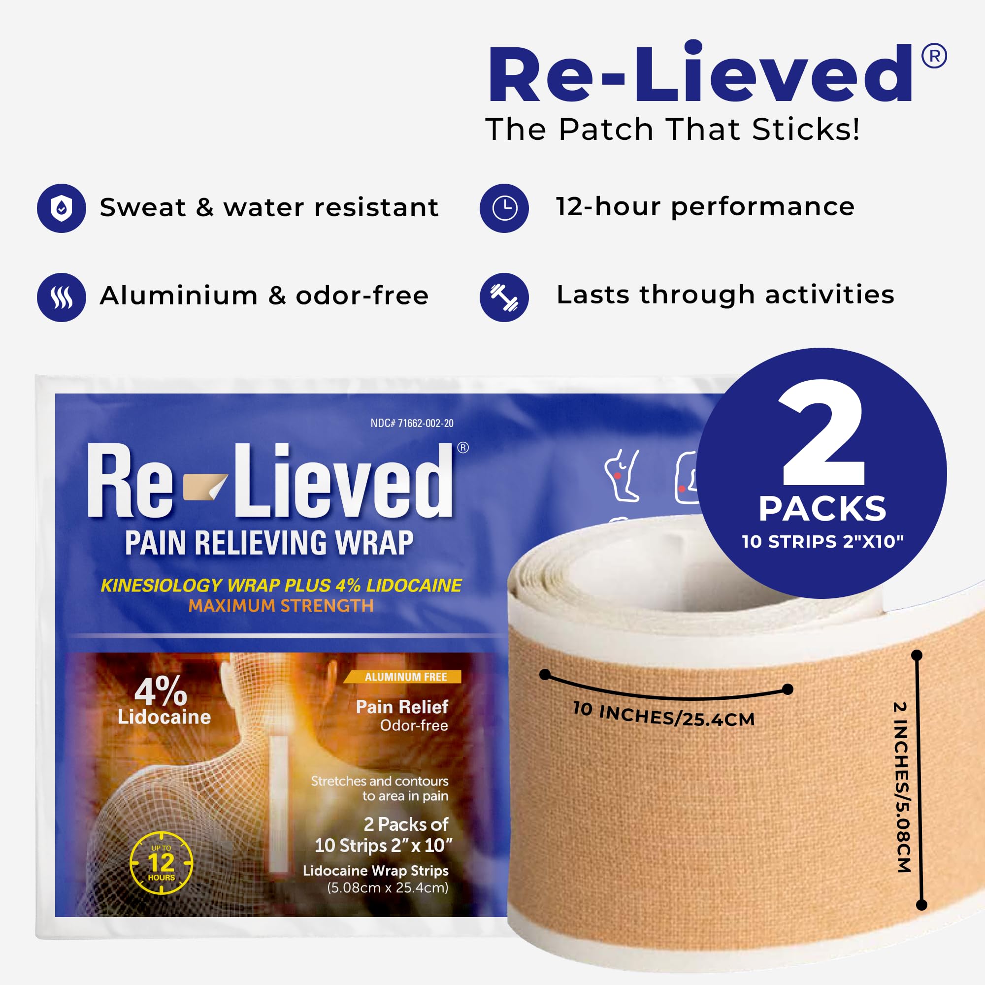 Re-lieved 2x10 inch strip applied on skin for targeted relief.