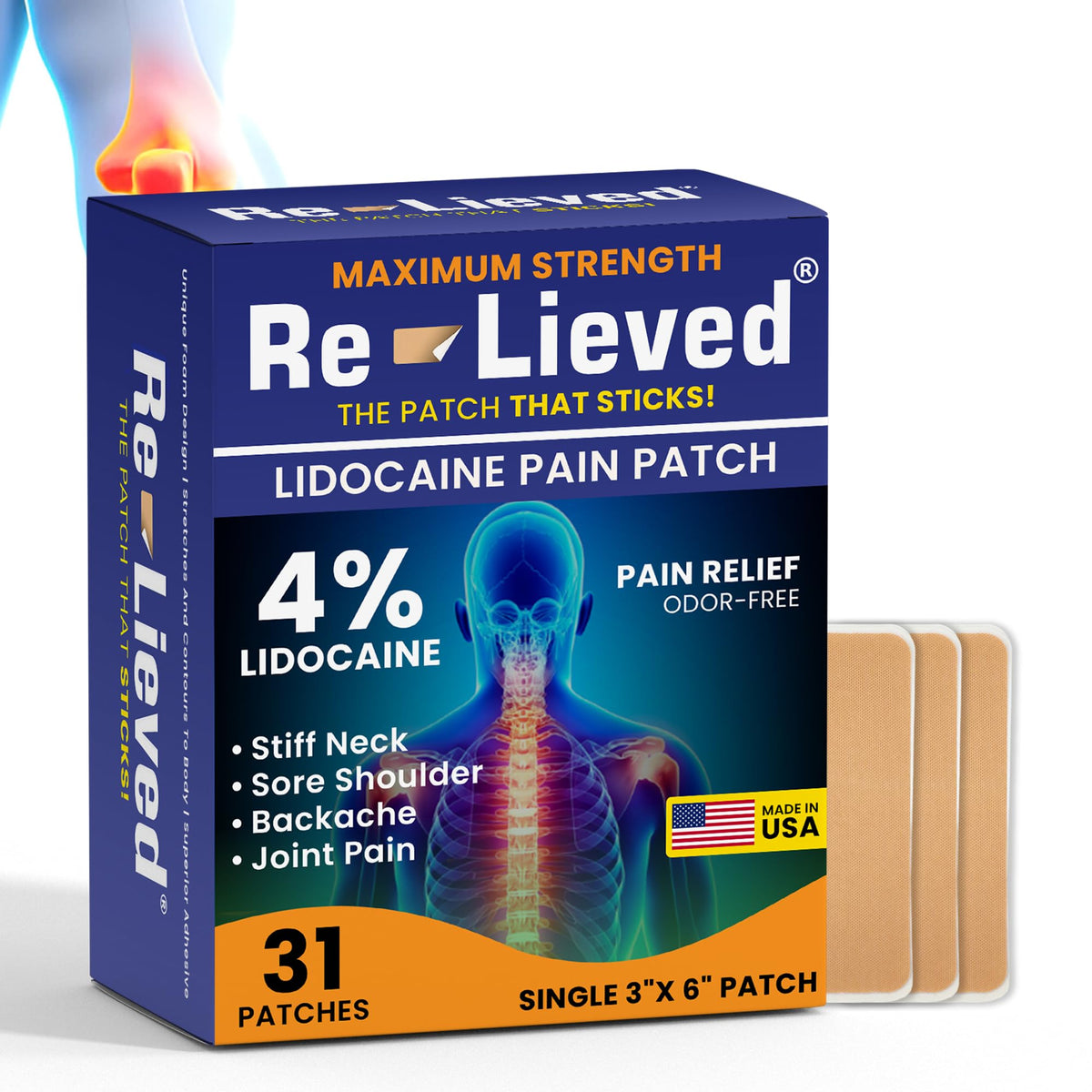 Re-Lieved patch applied to back showing targeted relief and easy adhesion.