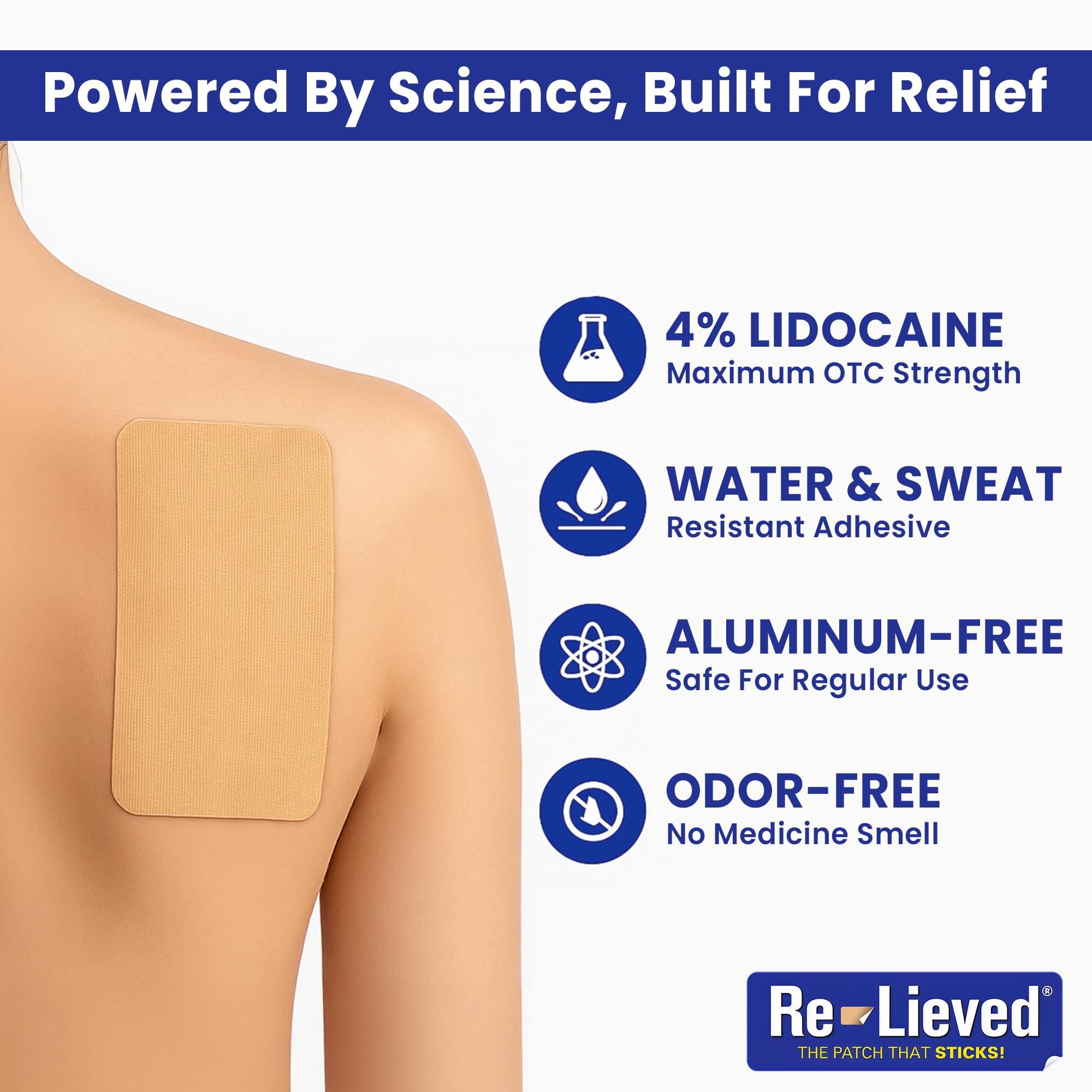 Re-Lieved patch on shoulder for muscle pain relief during activity.