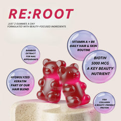 RE:ROOT bottle label shows 5000 mcg biotin and collagen for daily beauty.