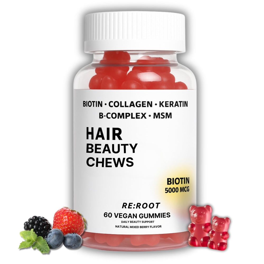 RE:ROOT Hair Growth Gummies jar highlights berry flavor supporting hair and nails.