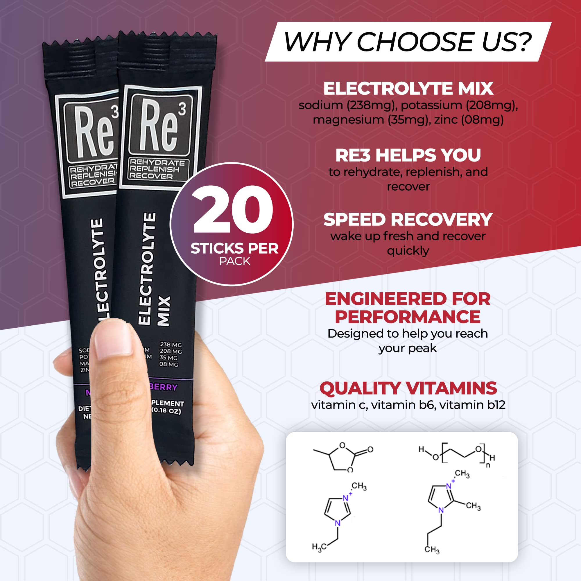 Re3 electrolyte packets mixed berry back view with nutrition highlights