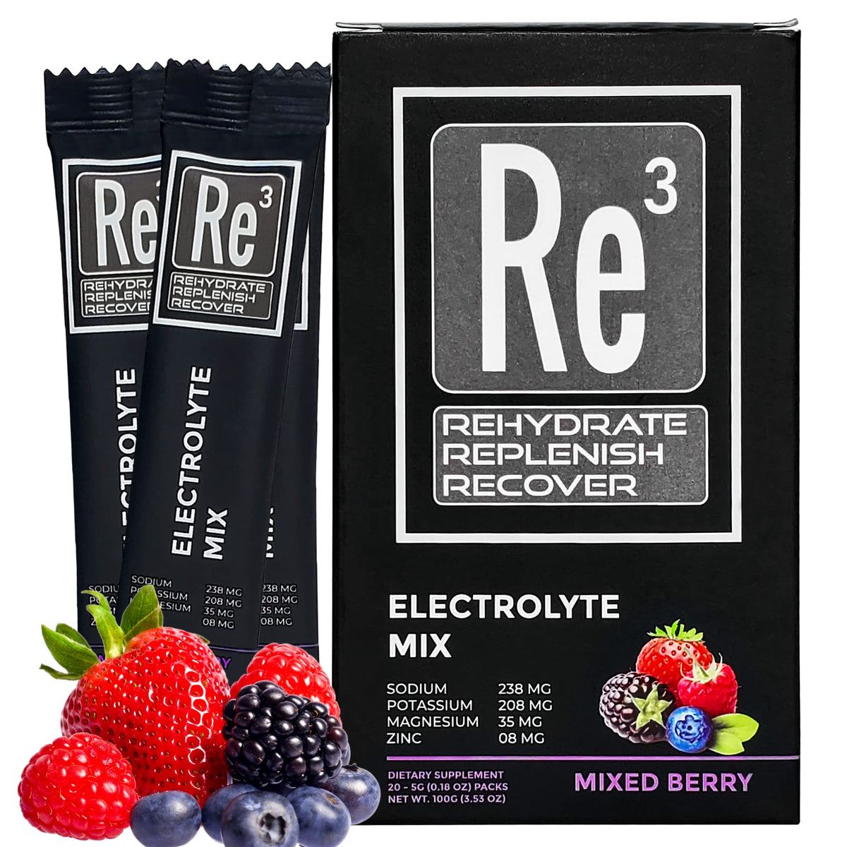 Re3 electrolyte packets mixed berry front view for on-the-go hydration
