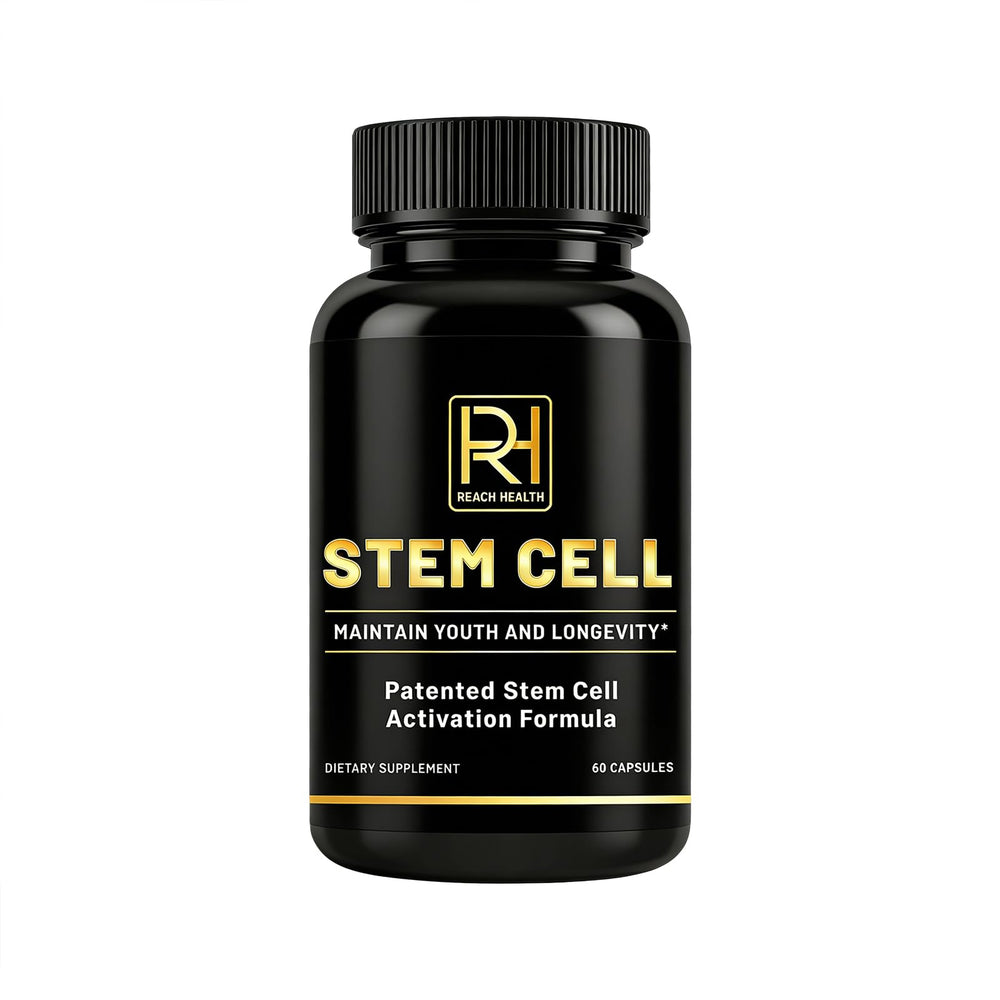 REACH HEALTH stem cell activation bottle showcasing the patented formula for daily vitality.