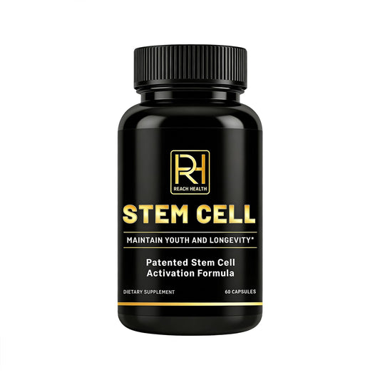 REACH HEALTH stem cell activation bottle showcasing the patented formula for daily vitality.