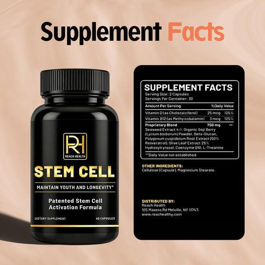 Close-up of REACH HEALTH stem cell activation capsules suitable for daily dosing.