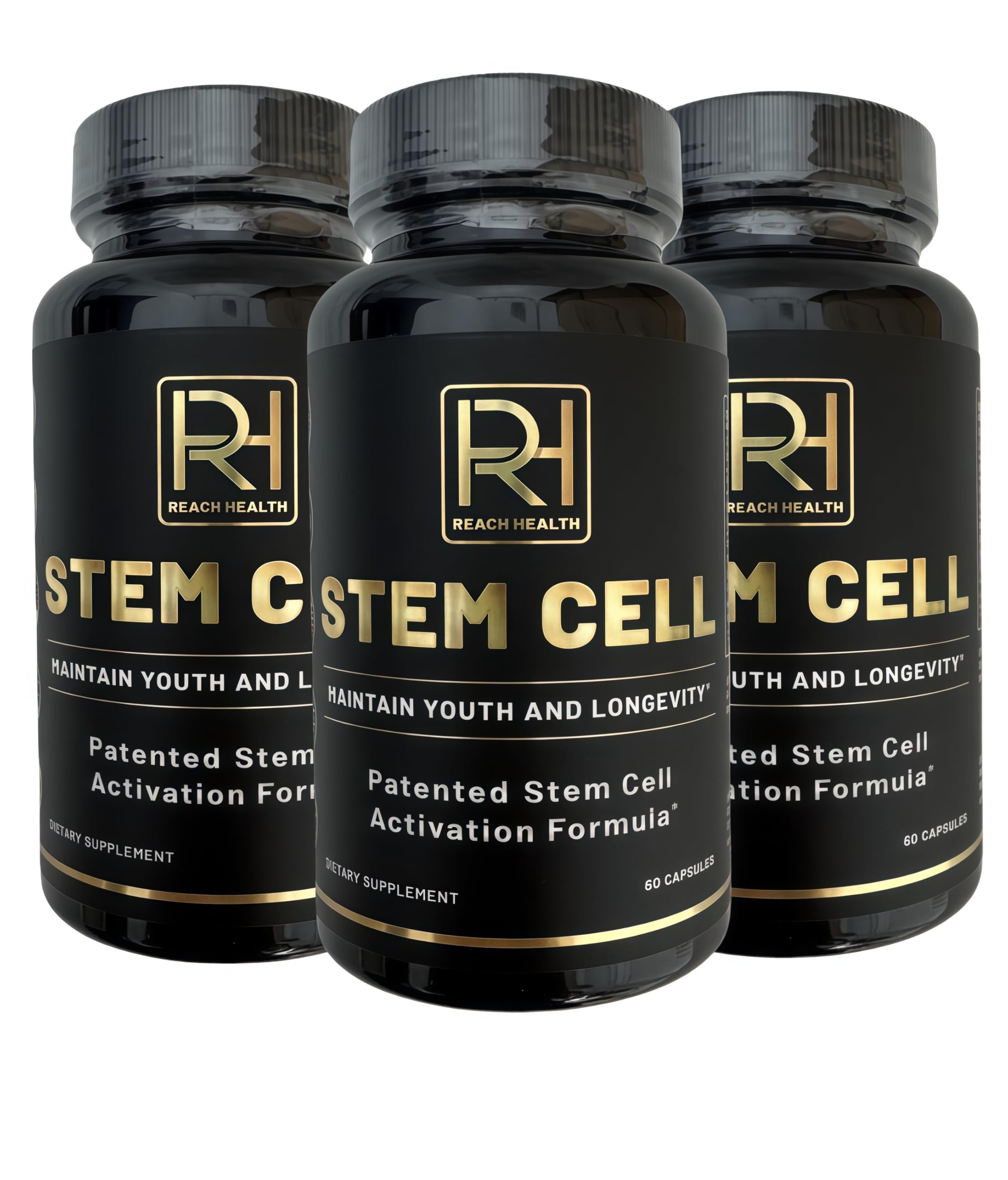 REACH HEALTH stem cell supplement bottle front, daily vitality support.