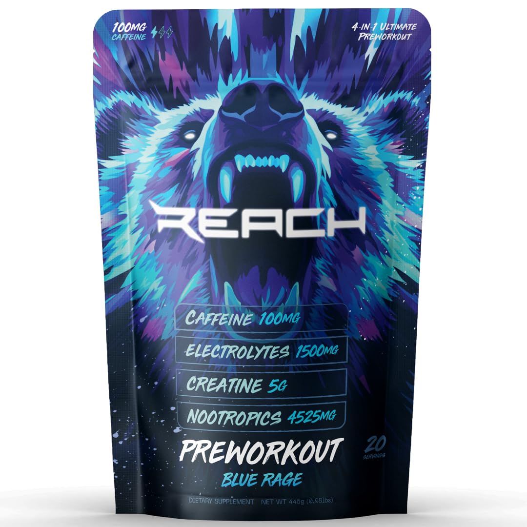 REACH Supplements Pre Workout bottle with bold packaging for reliable energy during workouts.
