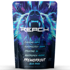 REACH Supplements Pre Workout bottle with bold packaging for reliable energy during workouts.
