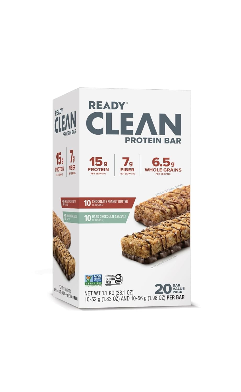 Ready Clean protein bars in chocolate peanut butter packaging, ideal on-the-go snack