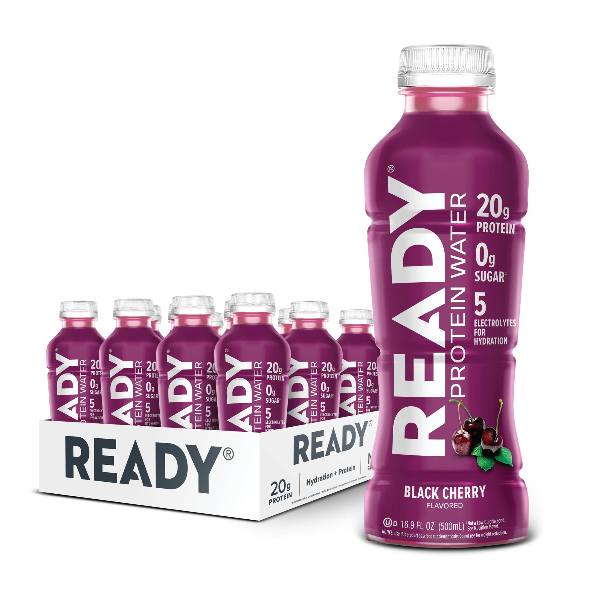 Ready Clear Protein Water bottle in black cherry for refreshing post-workout recovery.