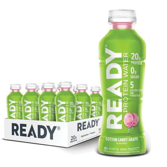 Ready Clear Protein Water bottle front view, zero sugar and electrolyte hydration for workouts.
