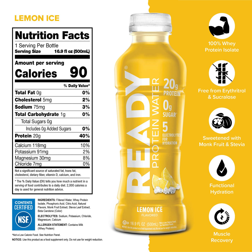 Ready Clear Protein Water Lemon Ice bottle back view showing label