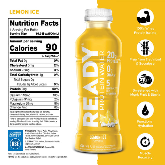 Ready Clear Protein Water Lemon Ice bottle back view showing label