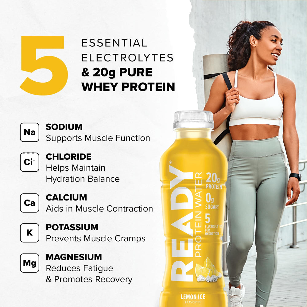 Pouring Ready Clear Protein Water Lemon Ice for a high-protein sip