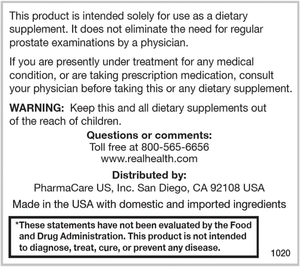 Real Health Prostate Complete ingredients include saw palmetto for informed use.