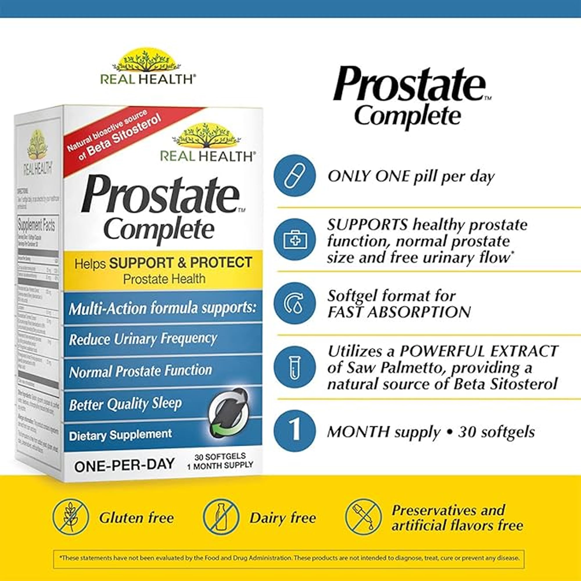 Real Health Prostate Complete softgels for easy one-per-day intake.