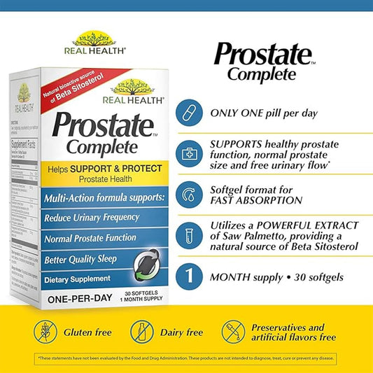 Real Health Prostate Complete softgels for easy one-per-day intake.