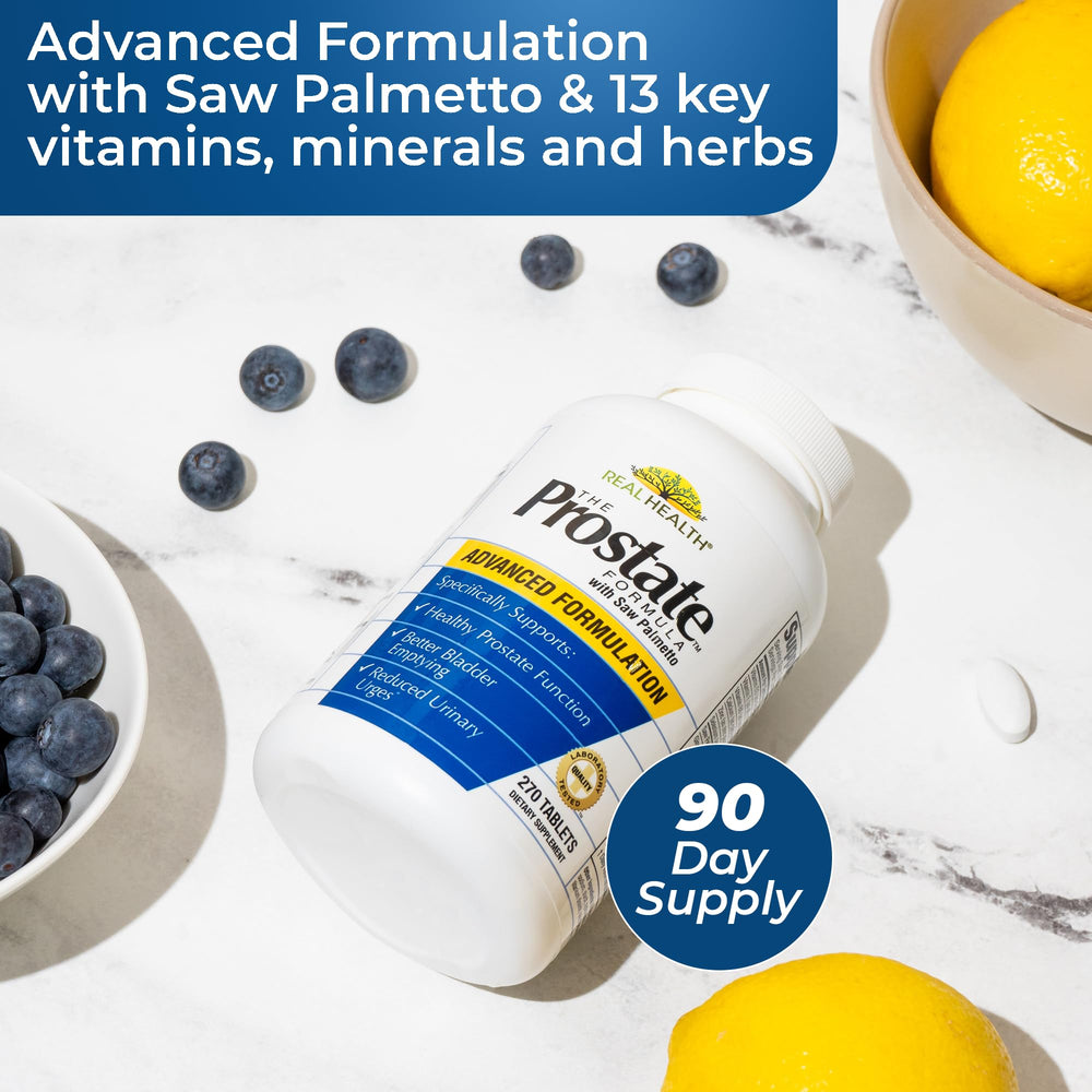 Real Health Prostate Formula label highlights natural ingredients for wellness.