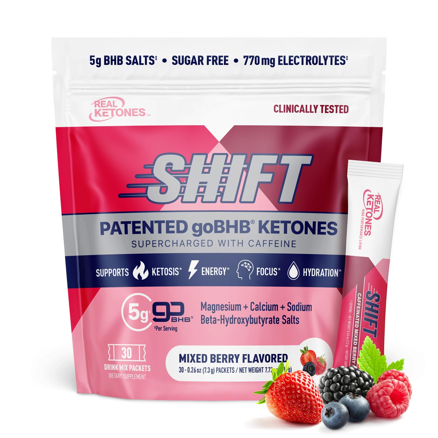 Real Ketones BHB mixed berry drink mix packet ready to mix for ketosis-friendly hydration.