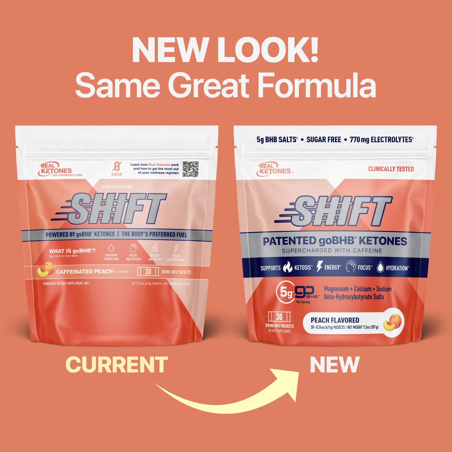 Real Ketones BHB peach caffeine drink packet on a clean counter