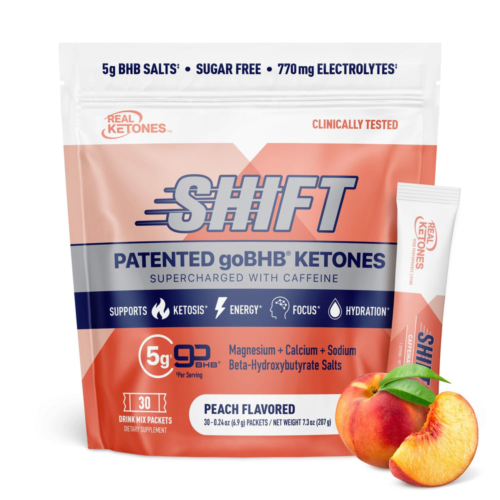 Real Ketones BHB peach caffeine drink packet poured for keto energy on the go