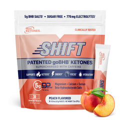Real Ketones BHB peach caffeine drink packet poured for keto energy on the go
