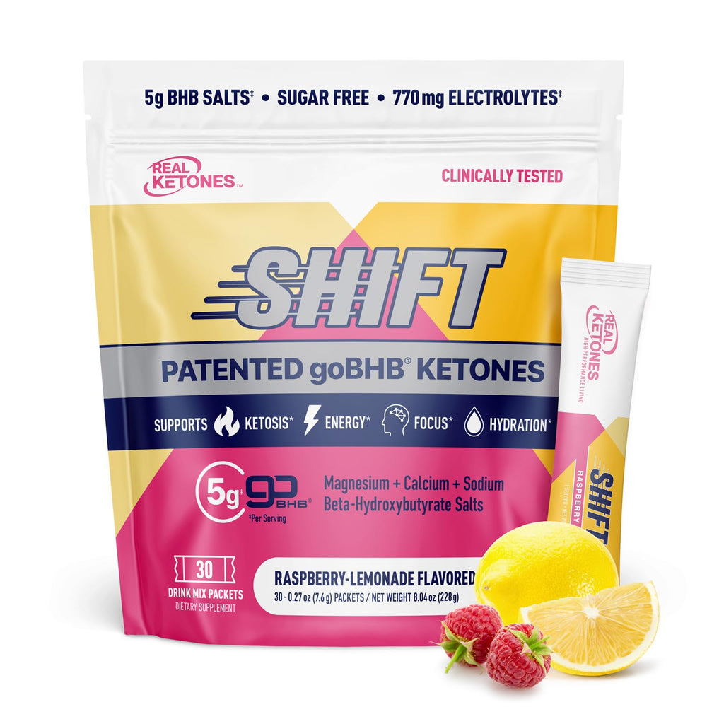 Real Ketones BHB packets on front label showing raspberry lemonade flavor and keto-friendly benefits