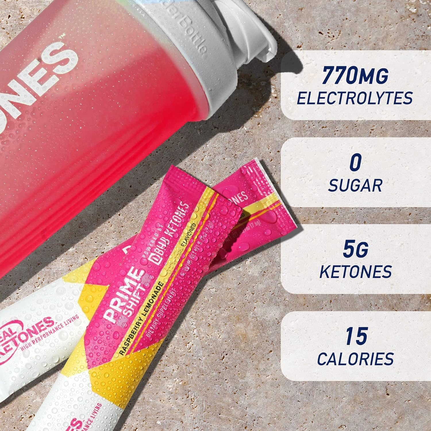 Real Ketones BHB packets mixed in water delivering hydration with electrolytes