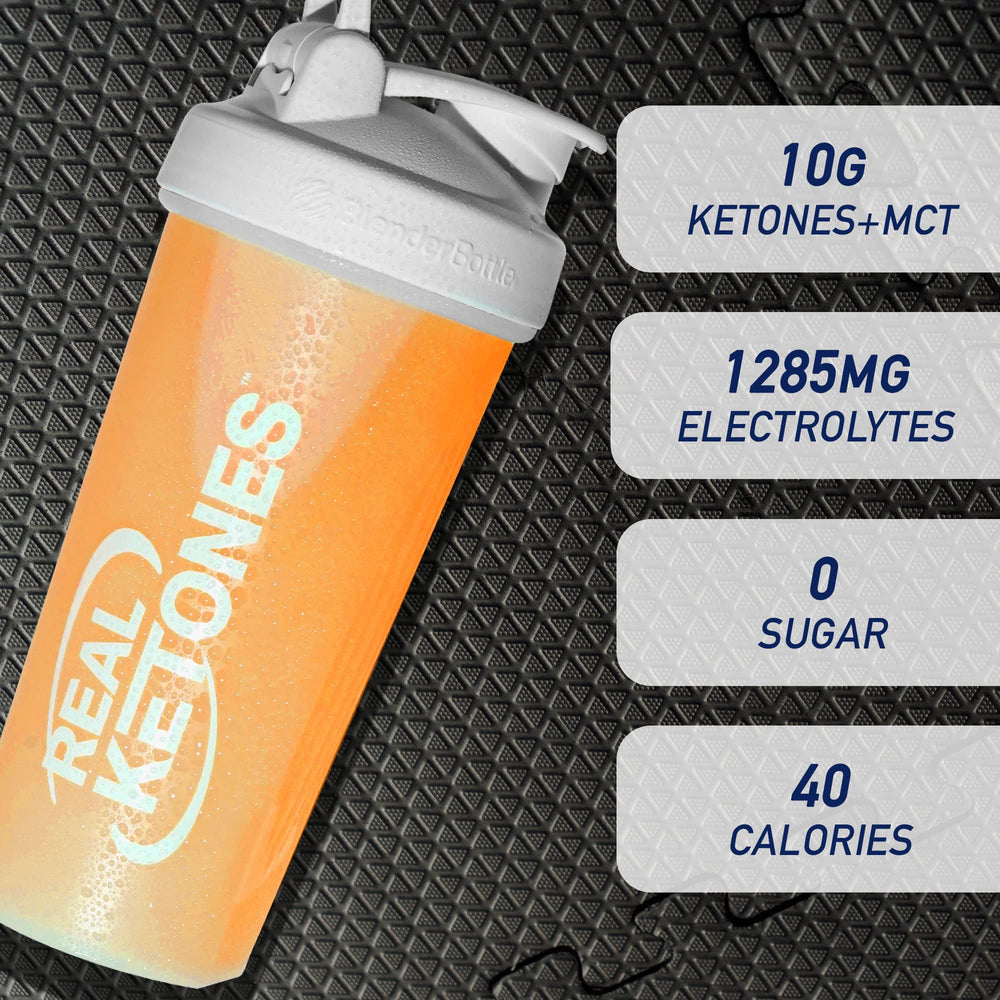 Real Ketones drink packets stacked for convenient on-the-go hydration.